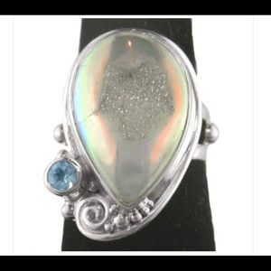 SAJEN-Opalized Window Druzy&Swiss Blue Topaz Ring
